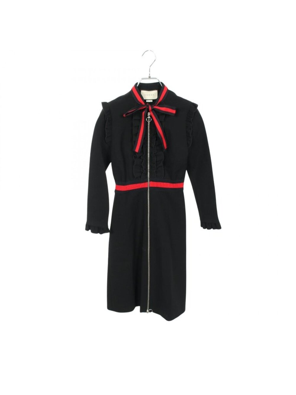 Gucci Dress Web Stripe Long Sleeve Ruffle Black Rayon Nylon